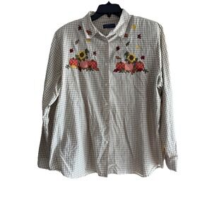 Vtg Fall Halloween XL Button Up Plaid Shirt Embroidered Leaves Pumpkin Sunflower